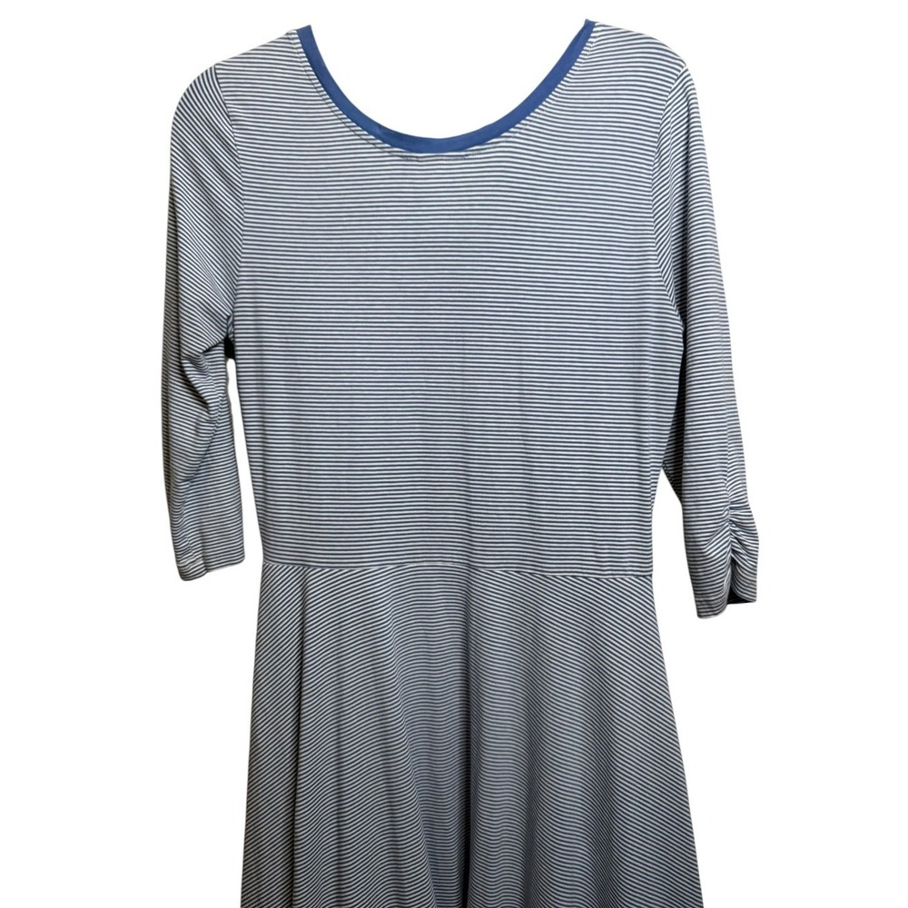 Matilda Jane Blue White Striped Fit Flare Dress Ruched 3/4 Sleeve Medium